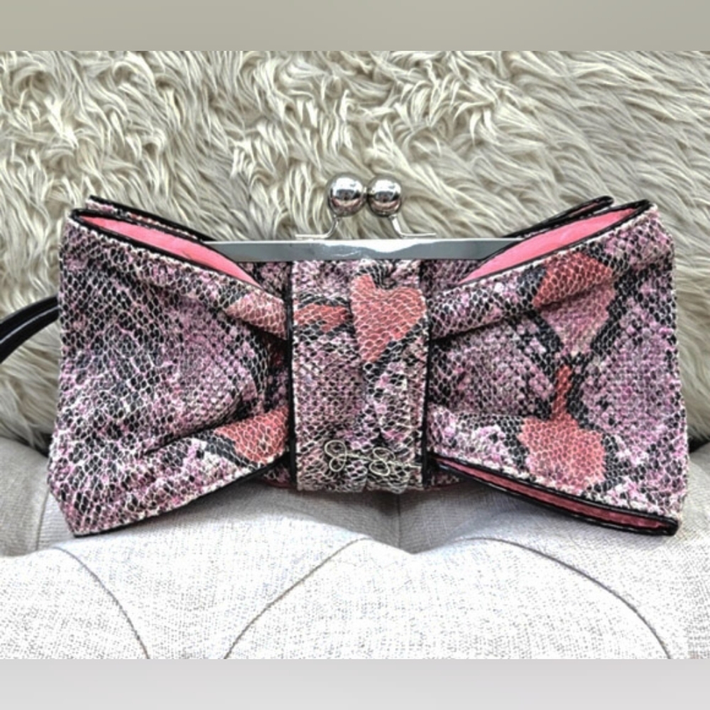 Jessica Simpson-Bow Clutch Pink Faux Snakeskin Chunky Kiss Clasp Wristlet